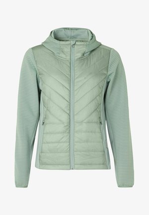 Svetlozelená zateplená bunda s prešívaným chevronovým dizajnom vpredu, rebrovanými rukávmi a zipsom so kapucňou.