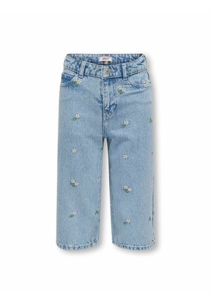 Hellblaue Jeansshorts mit Gänseblümchen-Stickerei. Sie haben eine hohe Taille, einen gesäumten Saum und ein klassisches Fünf-Taschen-Design.