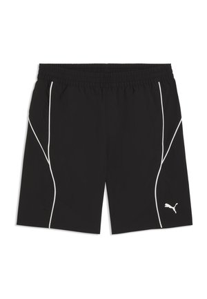 Zwarte sportshorts met een elastische tailleband, witte biesdetails langs de zijkanten en een wit Puma-logo op het onderste rechterbeen.
