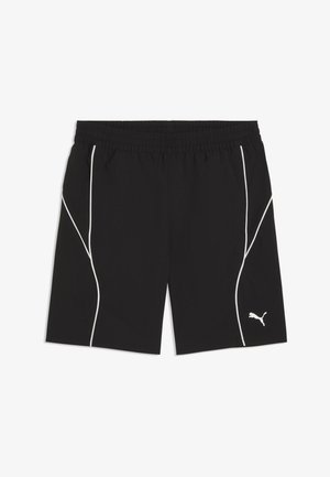 Shorts de sport noirs avec une ceinture élastique, des détails en passepoil blanc le long des côtés, et un logo Puma blanc sur la jambe droite inférieure.