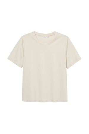 Ljusbeige t-shirt med rund halsringning och kort ärm, tillverkad i mjukt tyg. Slät yta med rak skärning och inga synliga mönster eller detaljer.
