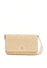 Rectangular woven straw bag in beige with a smooth texture. Features a gold-tone logo on the front and a detachable shoulder strap.