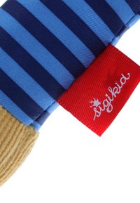 Striped fabric in blue and navy, with a textured beige part, features a red tag with "sigikid" in white.