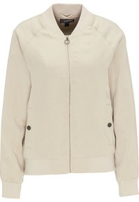 Chaqueta bomber de color beige claro con cremallera frontal, dos bolsillos laterales con botones, puños acanalados y una textura simple y suave.