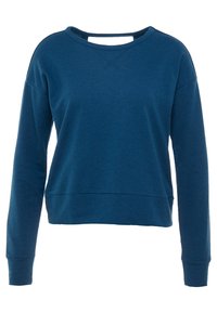 Sweatshirt bleu en matériau doux, avec un col arrondi, des manches longues et une coupe décontractée, doté d'une bordure côtelée au bas et aux poignets.