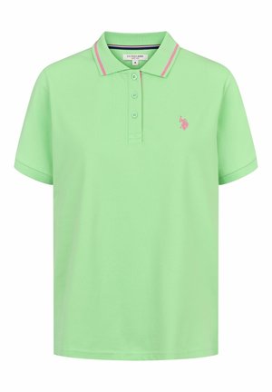 Polo de culoare verde deschis, din bumbac, cu un guler cu trei nasturi, dungi contrastante de culoare roz la guler și un mic logo brodat.
