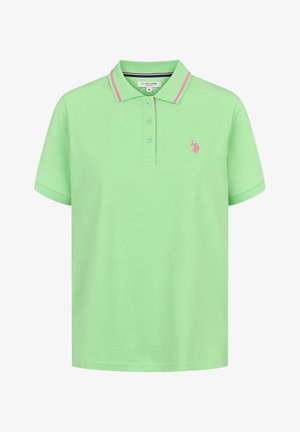 Lichtgroene poloshirt van katoen, met een drieknops sluiting, contrasterende roze kraagstreepjes en een klein geborduurd logo.