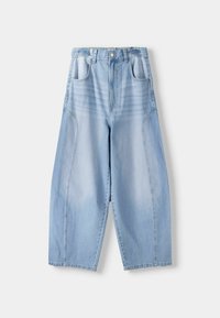 Světle modré denimové široké kalhoty s vysokým pasem, vybavené předními kapsami, rovnými švy a ohrnutým lemem. Měkká textura, uvolněný střih.