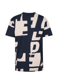 T-shirt a maniche corte blu navy e crema con un audace motivo grafico astratto, scollo rotondo e materiale in morbido cotone.