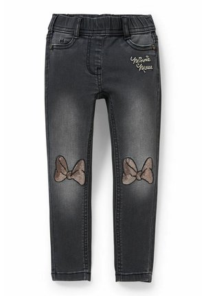 Dunkelgraue Kinderjeans mit elastischem Bund, „Minnie Mouse“-Schriftzug auf der Tasche und Pailletten-Schleifenapplikationen auf beiden Knien.