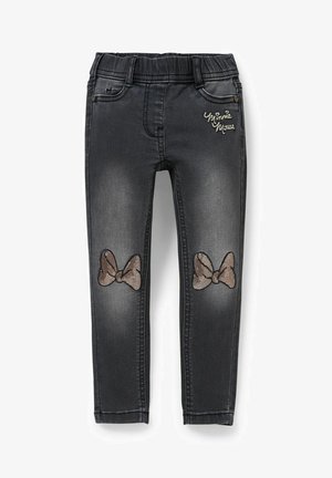 Børns mørkegrå jeans med elastisk talje, "Minnie Mouse" tekst på lommen og paillet sløjfe-applikationer på begge knæ.