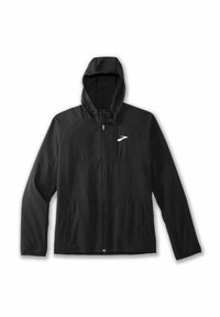 Sort zip-up jakke med h�ætte, der har en glat tekstur, lange ærmer og et hvidt logo på venstre bryst. Letvægtsdesign.