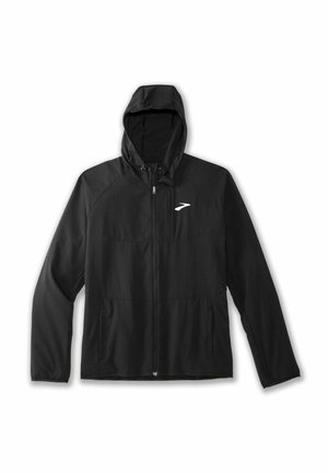 Schwarze Zip-Jacke mit Kapuze, ausgestattet mit einer glatten Textur, langen Ärmeln und einem weißen Logo auf der linken Brust. Leichtes Design.