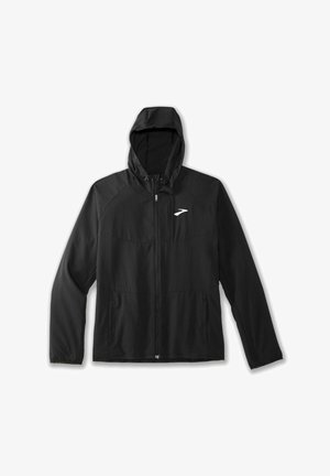 Schwarze Zip-Jacke mit Kapuze, ausgestattet mit einer glatten Textur, langen Ärmeln und einem weißen Logo auf der linken Brust. Leichtes Design.