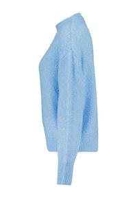 Pull bleu clair avec un encolure ronde, des poignets et un ourlet côtelés, fabriqué en tissu tricoté texturé, présentant une coupe légèrement ample et un design à épaule déchue.