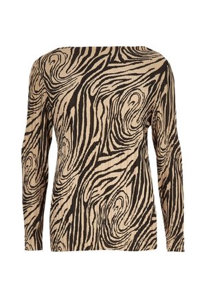 Beige top met lange mouwen, zwart abstract swirl-patroon en geribbelde textuur, voorzien van een rechte halslijn en een nauwsluitende pasvorm.