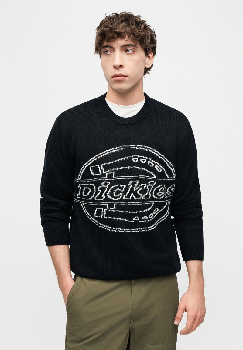 Junger Mann mit lockigem braunem Haar, der einen schwarzen Pullover mit einem weißen "Dickies"-Logo und olivgrünen Hosen trägt, steht vor einem weißen Hintergrund.