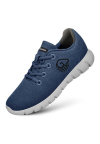 Blaue Filz-Sneaker mit einer grauen Gummisohle, sechs Ösen und einem Logo-Akzent. Verfügt über eine abgerundete Zehe und einen gepolsterten Kragen für zusätzlichen Komfort.