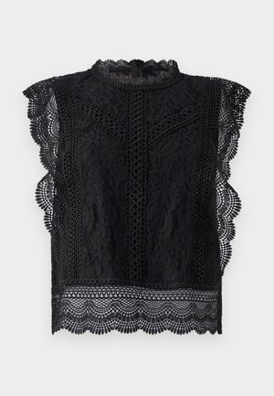 Black lace top featuring cap sleeves, scalloped edges, intricate floral patterns, and a high neckline with a back zip closure.