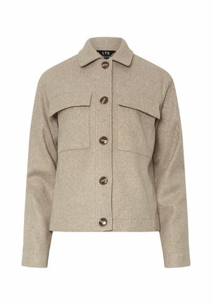 Beige wollen blend jas met een knoopsluiting aan de voorkant, twee borstzakken en een kraag. Heeft grote bruine knopen en een iets verkorte snit.
