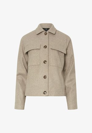 Beżowa kurtka z mieszanki wełny z zapięciem na guziki, dwoma kieszeniami na piersi i kołnierzem. Wyposażona w duże brązowe guziki i lekko skrócony krój.