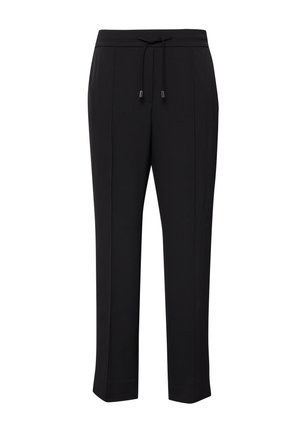 Black tapered pants with an elastic waistband and drawstring, featuring front crease lines and a smooth, wrinkle-free fabric.