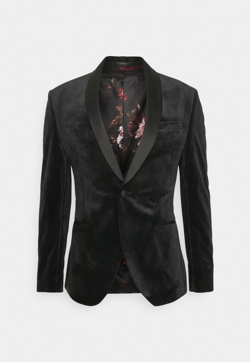 Sort fløjlsblazer med sjalskrave med satintrim, enkelt-knaplukning og foring i satin med blomsterdesign.