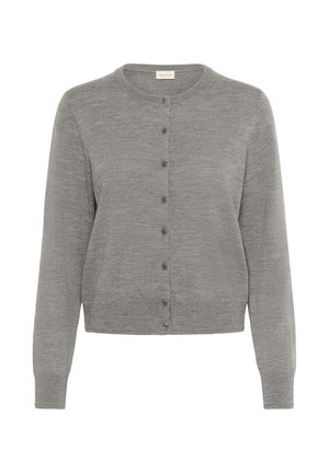 Gray cardigan made from soft fabric, featuring a round neckline, long sleeves, and a button front with dark buttons for closure.