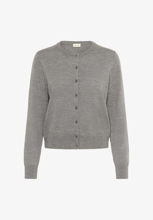 Gray cardigan made from soft fabric, featuring a round neckline, long sleeves, and a button front with dark buttons for closure.