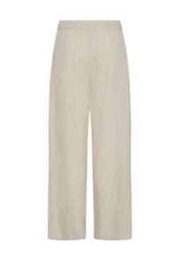 Pantalon en lin beige à coupe ample avec une ceinture élastique et des jambes droites larges, conçu pour un confort décontracté.