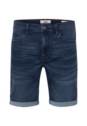 Short en jean bleu foncé avec braguette à boutons, poches avant, détails délavés et ourlets retroussés.