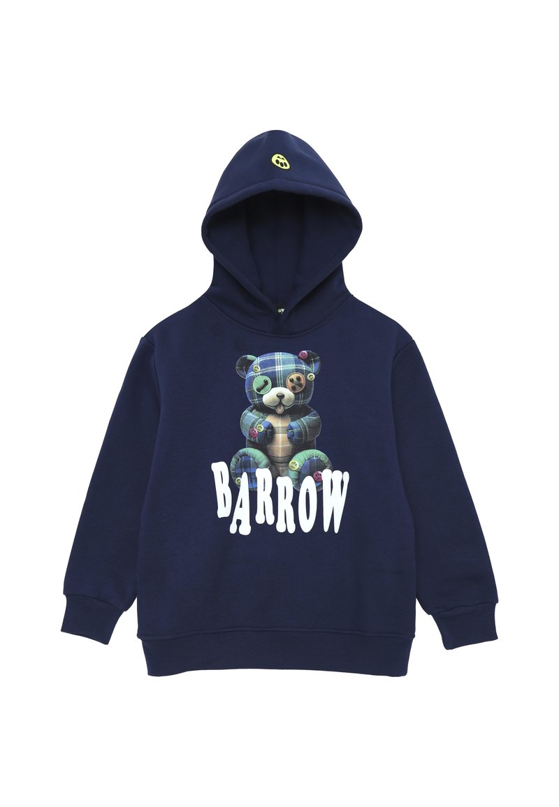 Felpa blu navy con una grande grafica di un orsetto in tartan, con bottoni colorati e la parola "BARROW" in grassetto in lettere bianche.
