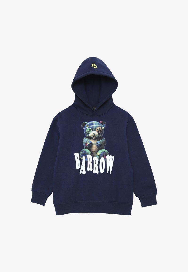 Felpa blu navy con una grande grafica di un orsetto in tartan, con bottoni colorati e la parola "BARROW" in grassetto in lettere bianche.