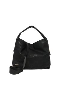Bolso de mano de piel sintética negra, con un diseño relajado, que presenta un patrón de logo en relieve y una correa removible. Cierre con cremallera.