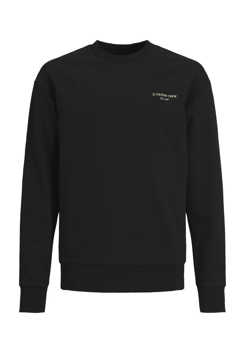 Black sweatshirt made of cotton blend with long sleeves, crew neckline, ribbed cuffs and hem, featuring a small white logo on the chest.