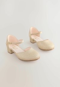 Kuldne sädelev Mary Jane jalanõud, millel on ümar varvas, pahkluu rihm ja madal plokk-konts. Pehme sisemine vooder sileda tekstuuriga.