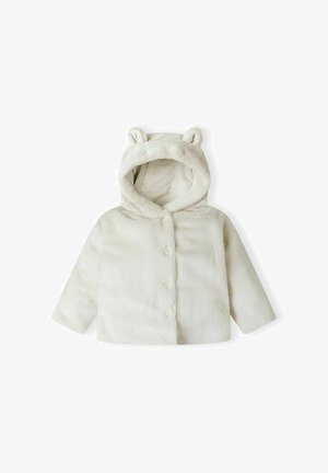 Hvid faux fur hættejakke med bjørneører, frontknaplukninger og lange ærmer. Den bløde tekstur og det cropped design øger varmen.