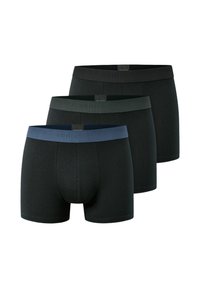 Drei Paare Boxershorts in Schwarz, Dunkelgrün und Marineblau. Die Materialien sind aus weichem Stoff mit elastischen Taillenbündchen, die mit geprägtem Branding versehen sind.