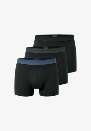 Drei Paare Boxershorts in Schwarz, Dunkelgrün und Marineblau. Die Materialien sind aus weichem Stoff mit elastischen Taillenbündchen, die mit geprägtem Branding versehen sind.