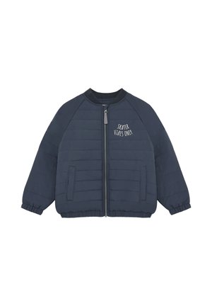 Navy blue padded jacket with front zipper, elastic cuffs, side pockets, and white text "SKATER VIBES ONLY" on the left chest.