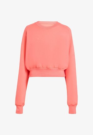 Koraalroze cropped sweatshirt met lange mouwen, geribbelde hals en manchetten, een zachte textuur en een geplooide zoomdetail.