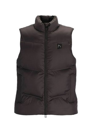 Melns, pildīts, bez piedurknēm, veste ar priekšējo rāvējslēdzēju un mazu logo uzlīmi kreisajā krūtīs.