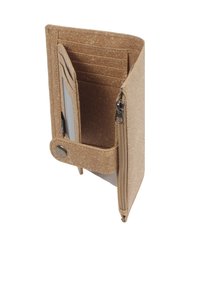 Tan wallet made of textured material, featuring multiple card slots, a zippered pocket, and a snap closure. Compact and rectangular shape.