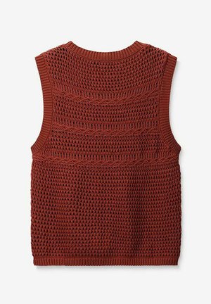 Gilet sans manches de couleur rouille en tricot avec un motif texturé, encolure et ourlet côtelés, arborant un motif tissé détaillé tout au long.