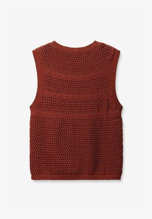 Gilet sans manches de couleur rouille en tricot avec un motif texturé, encolure et ourlet côtelés, arborant un motif tissé détaillé tout au long.