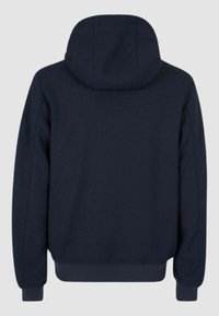 Felpa blu navy con texture a coste, un grande cappuccio e polsini ed orlo elastici. La vista posteriore presenta linee pulite e senza dettagli aggiuntivi.
