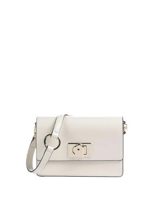 White leather crossbody bag with rectangular shape, front flap, silver-tone ring and turn-lock clasp, and adjustable shoulder strap.