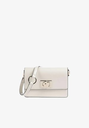 White leather crossbody bag with rectangular shape, front flap, silver-tone ring and turn-lock clasp, and adjustable shoulder strap.