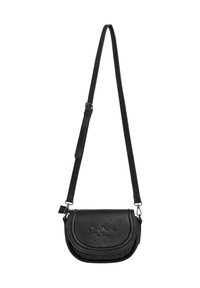 Black crossbody bag in textured leather with a curved shape; features a detachable strap and embossed logo on the front.