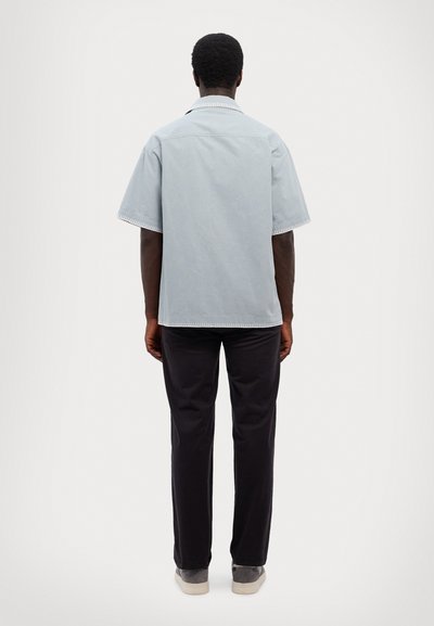 Šviesiai mėlynas trumpomis rankovėmis marškinėliai su apykakle, pasižymintys kontrastinga siūle. Dėvimi su tamsiomis kelnėmis ir pilkais sportbačiais.